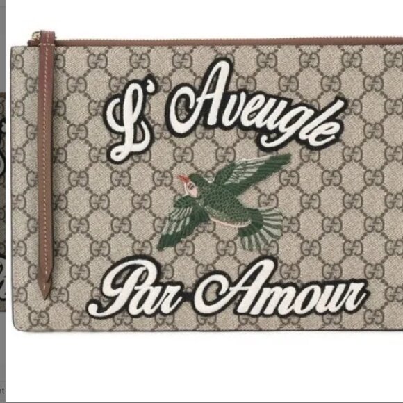 GUCCI Monogram “L'Aveugle Par Amour” Clutch with Green Bird appliqué LIKE NEW - Picture 1 of 4